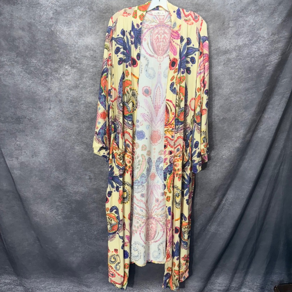 Natural Life Paisley Floral Kimono Duster Size L/XL Cream Pink Boho Festival